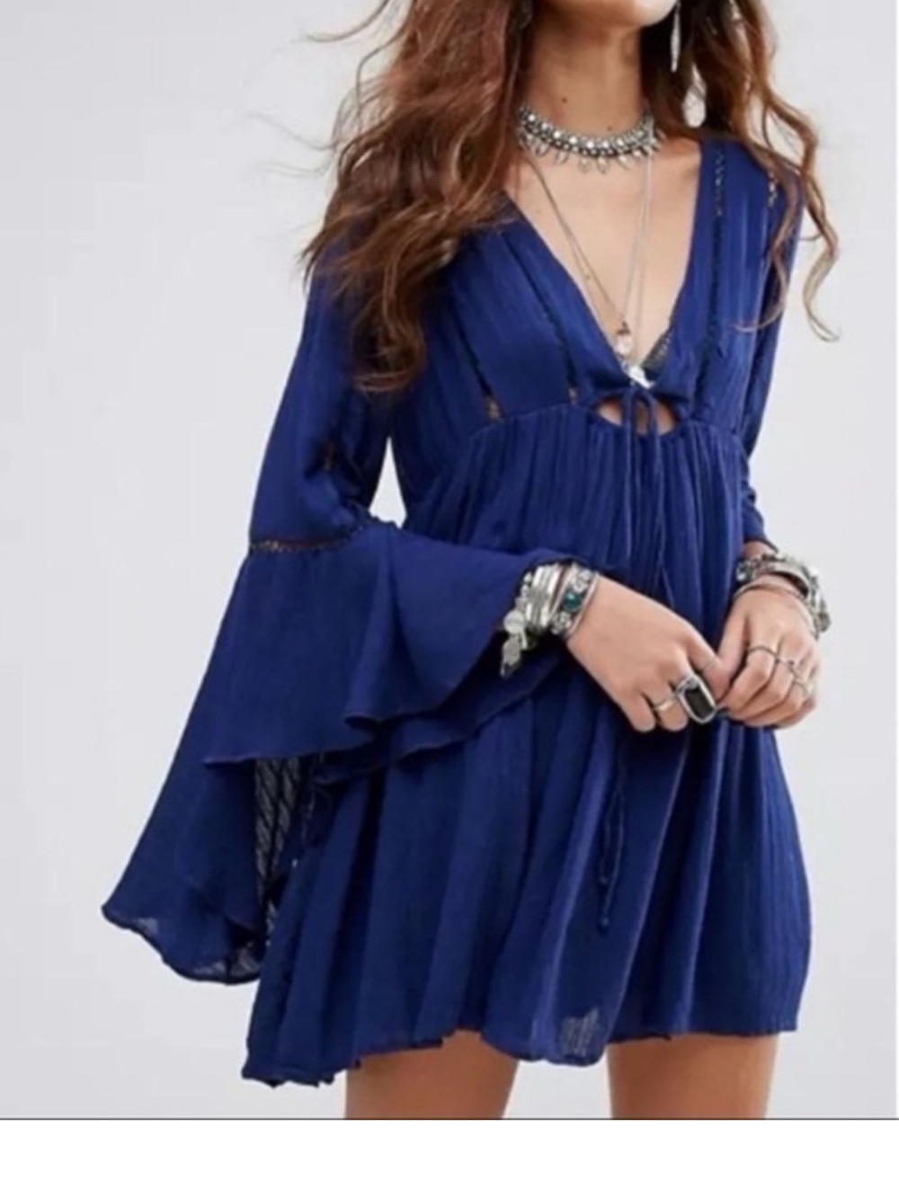 Free People Navy Blue Bell-Sleeve Mini Dress